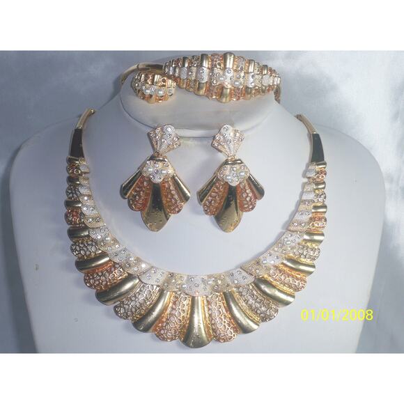 Tri color gold silver 4pc necklace set, wedding MOB bridal prom party necklace - Picture 1 of 9